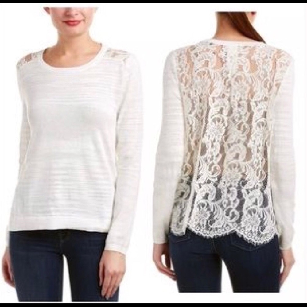 CAbi Sophia Lace Back Lightweight Ivory Sweater